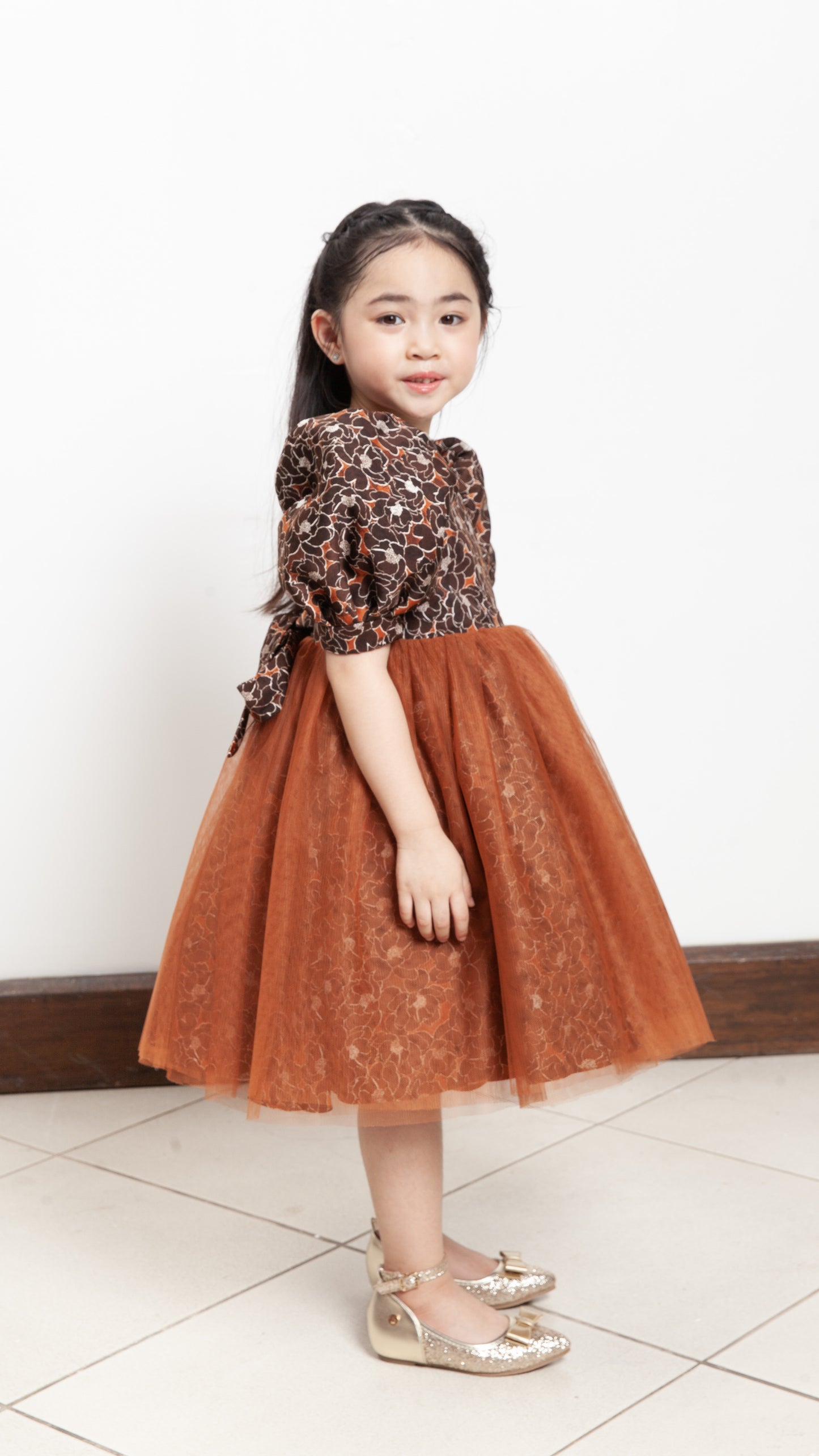 Puff Sleeve Midi Tulle Dress - Brown Floral Satin