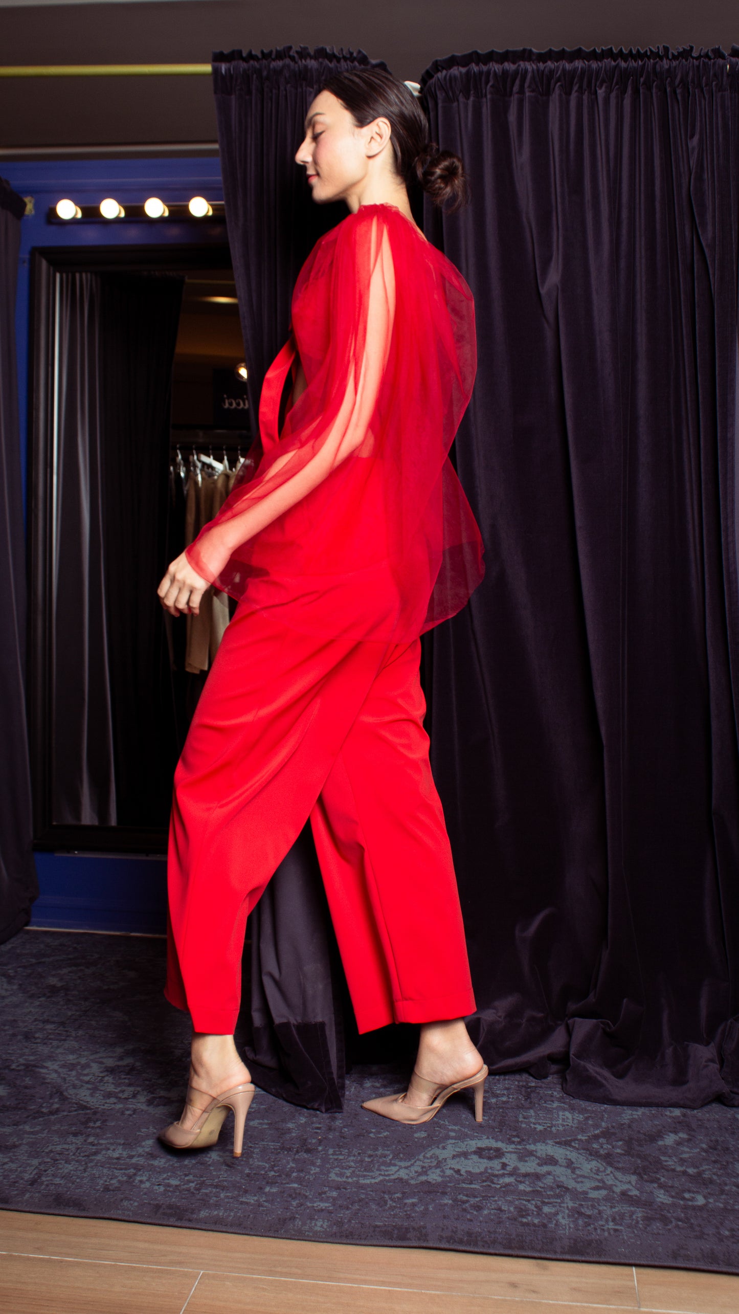 Front Pleat Double MOP Pants - Fiery Red Stretch