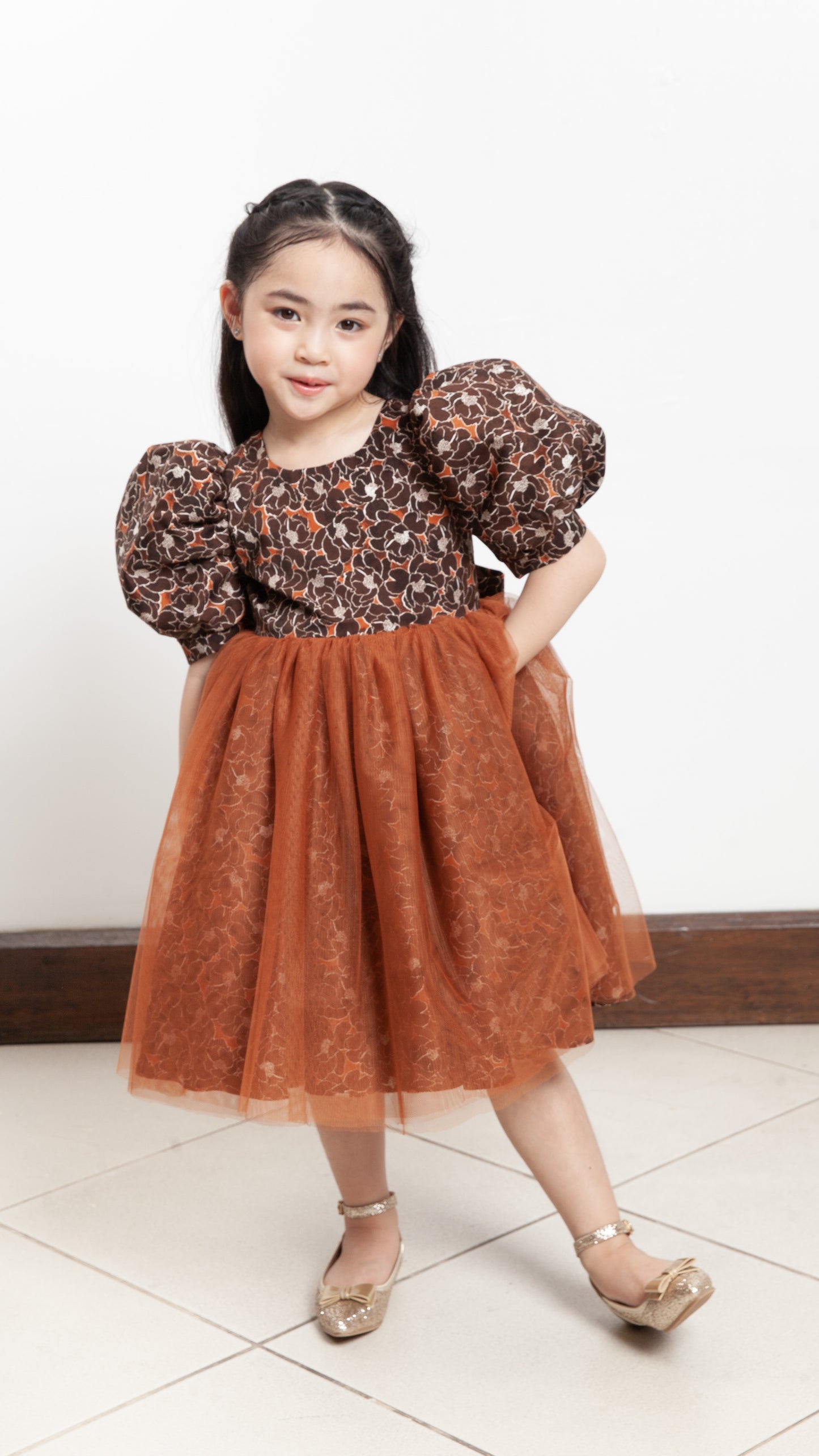 Puff Sleeve Midi Tulle Dress - Brown Floral Satin
