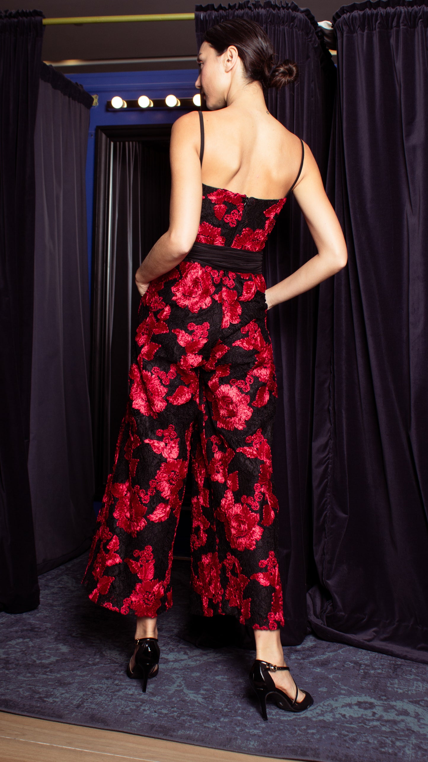 Double Front E-Pleat Ribbon Wide Hem Jumpsuit - Red and Black Heavy Lace
