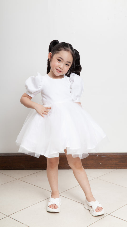 Puff Sleeve Midi Tulle Dress - White Linen