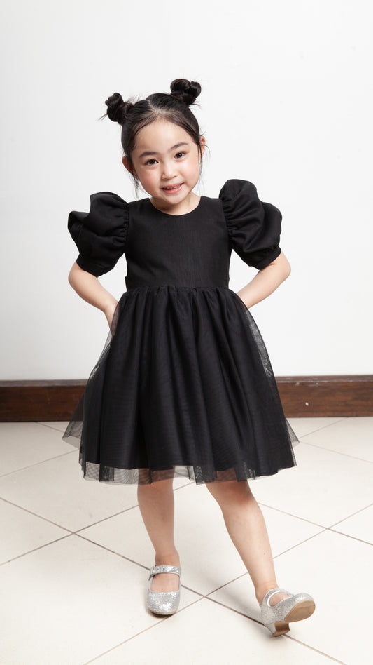 Puff Sleeve Midi Tulle Dress - Black Linen