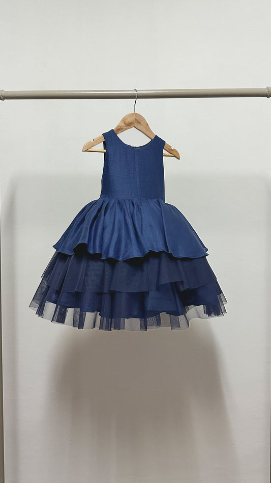 Sleeveless Tiered Linen and Tulle Dress - Blue