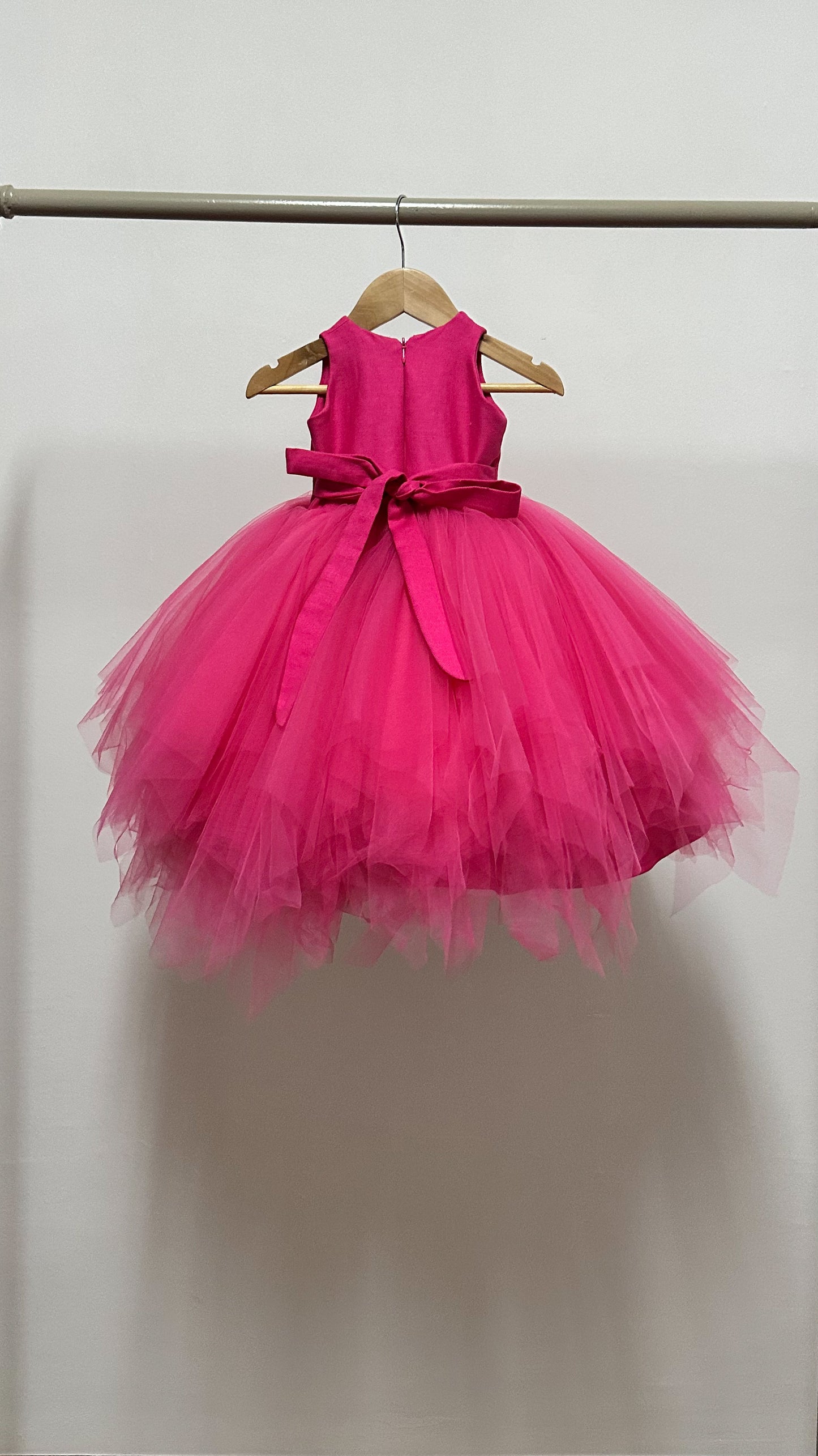 Sleeveless Midi Uneven Hem Tulle Dress - Hot Pink Linen