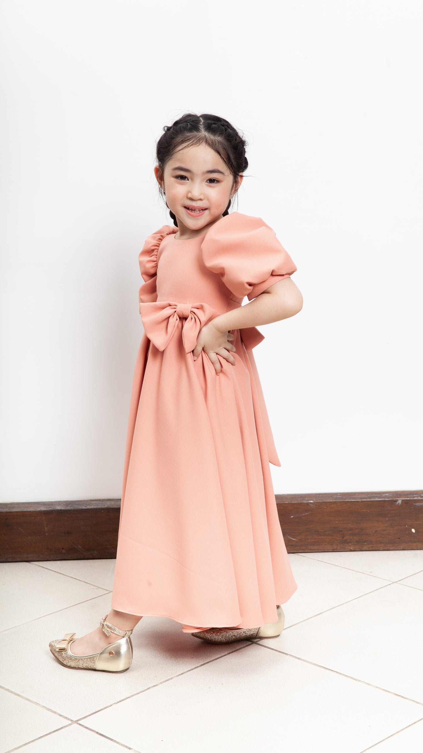 Puff Sleeve Maxi Dress with Ribbon Detail - Peach Crepe