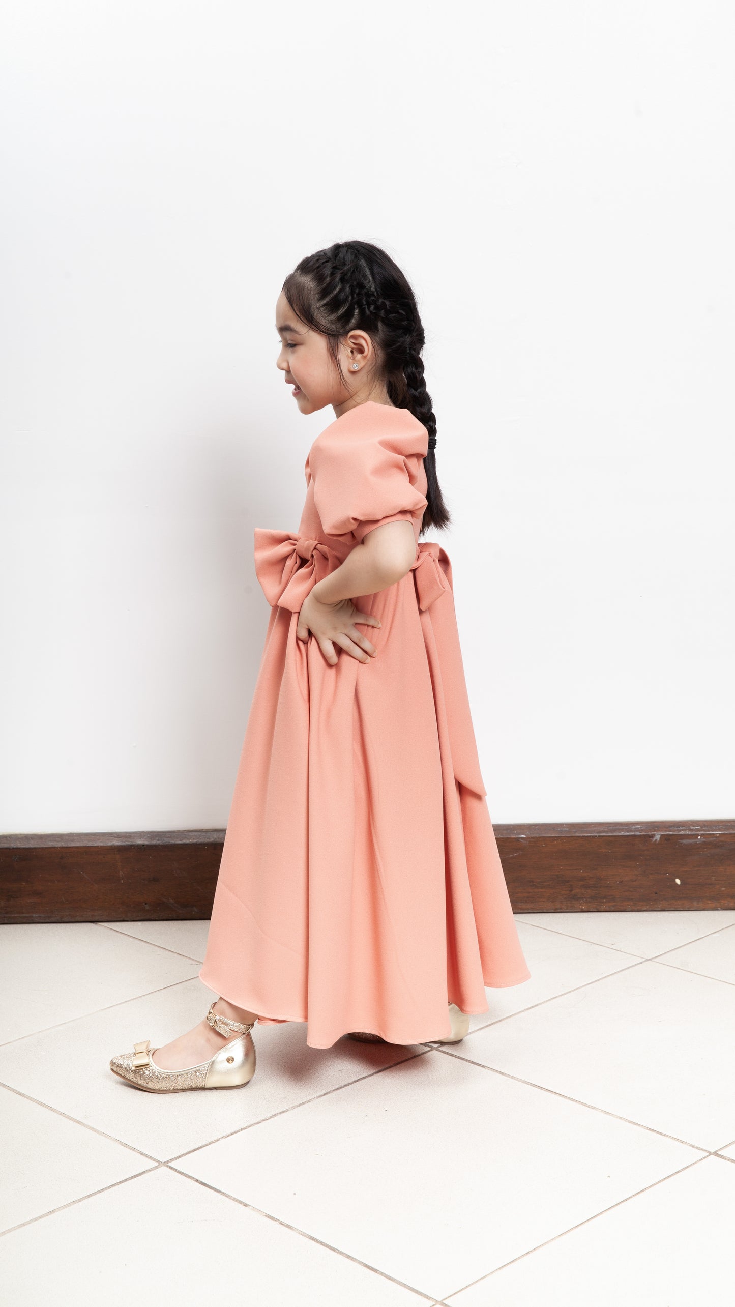 Puff Sleeve Maxi Dress with Ribbon Detail - Peach Crepe